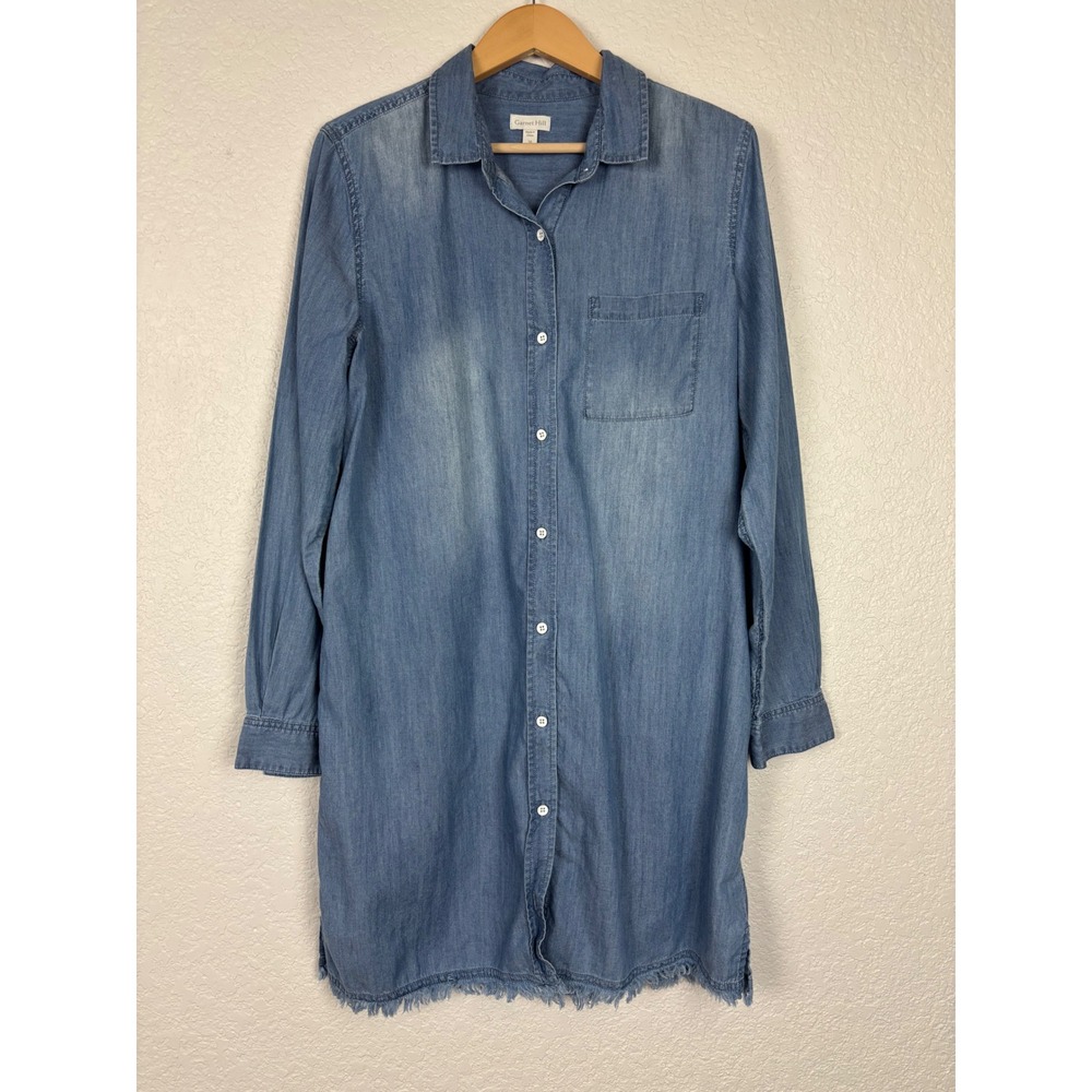 Garnet Hill Womens Denim Shirt Dress Blue Cotton Tencel Frayed Hem Size 10